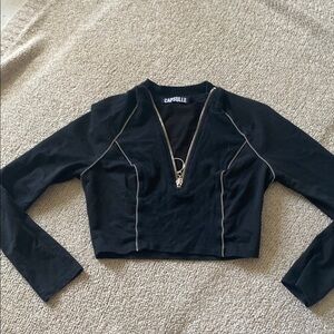 Capsule Black Cropped Zip-Front Long Sleeve Top
